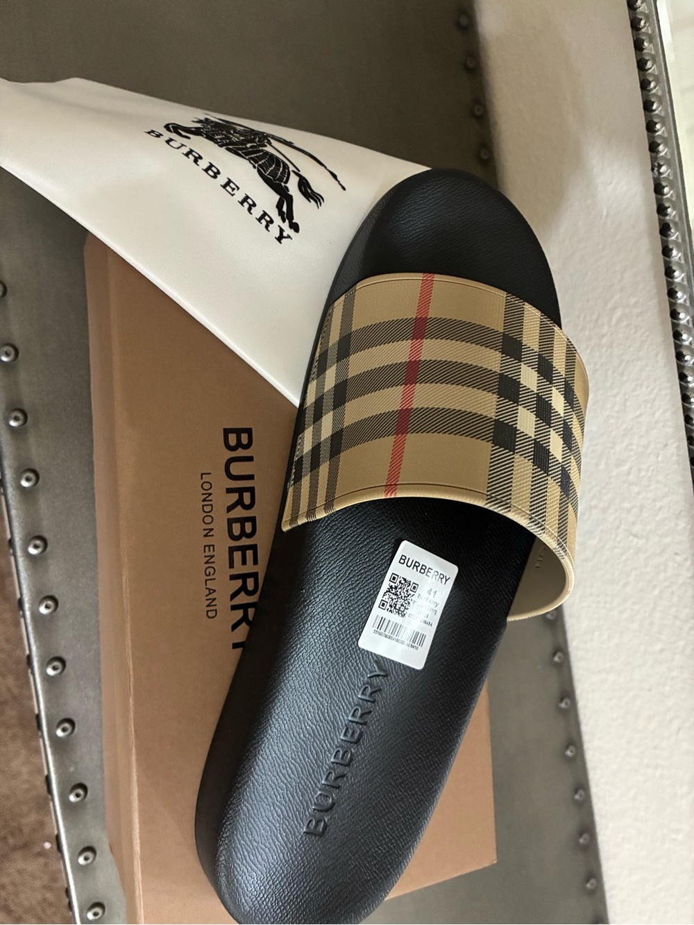 Burberry Men’s Black Footbed Tan Vintage Check Slide